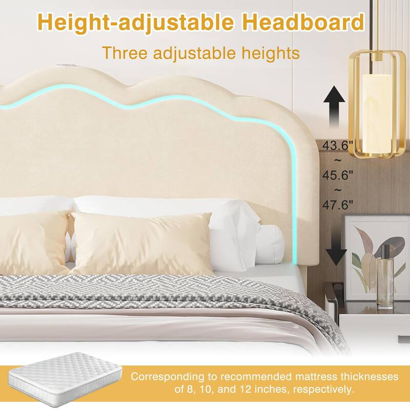 Javlergo Modern Queen Platform Bed with Adjustable LED Headboard USB Ports & Under-Bed Storage Heavy Duty Upholstered Bed Frame