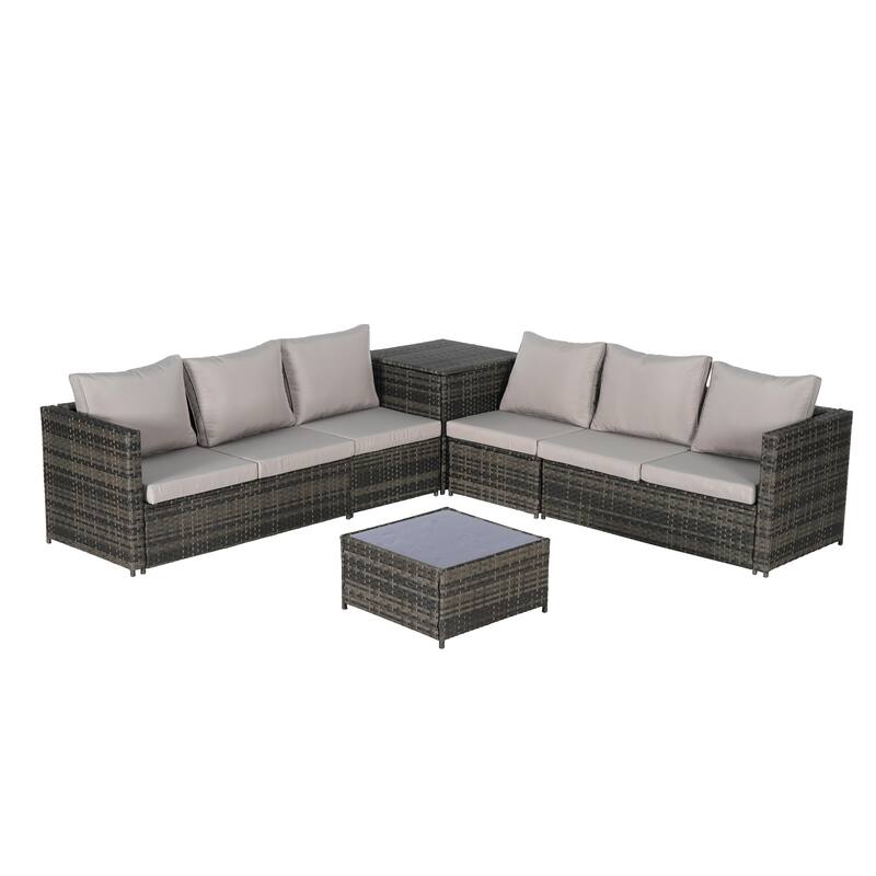 6-Piece Outdoor Wicker Sectional Patio Furniture Set with Storage Corner, and Tempered Glass Coffee Table