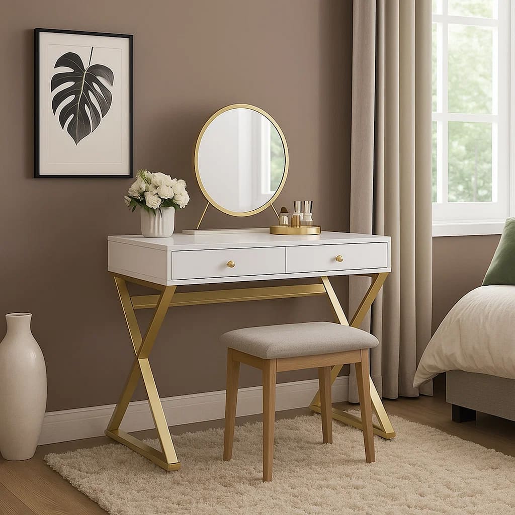 Vanity Desk with Removable Mirror and Cross Metal Legs, White and Gold