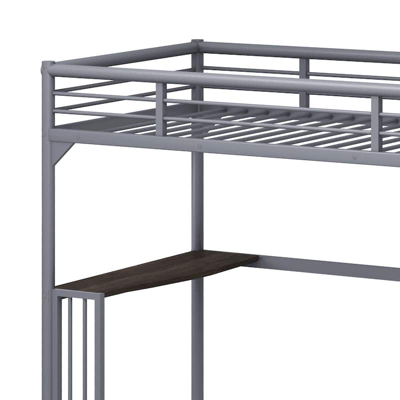 Twin Size Metal Loft Bed with Integrated Desk, Ladder, and Safety Guardrails, Black/Silver