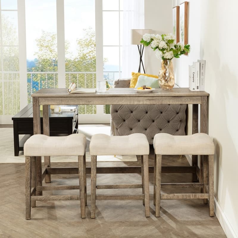 Modern Rubber Wood 4-piece Bar Table Set with Power Outlet and 3 Padded Stools