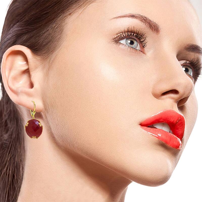 14K Solid Gold Gemstone Earrings w/ Checkerboard Cut Round Dyed Rubies