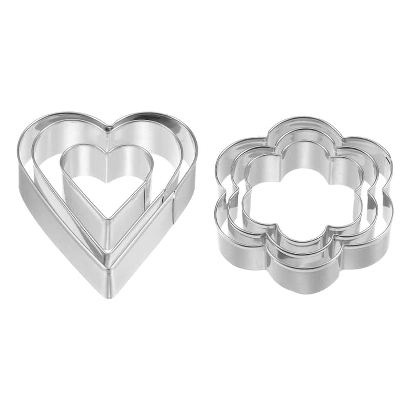 6pcs Cookie Cutters, Heart Flower Shaped Biscuit Cookie Cutter - Silver