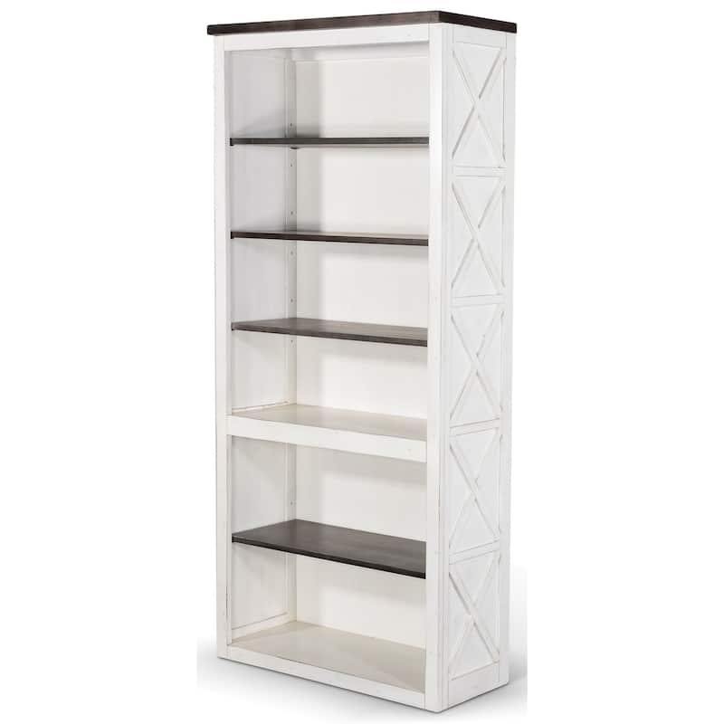 Zena Bookcase, X Cross Panels, 5 Shelves, 76 Inch White, Brown Veneer