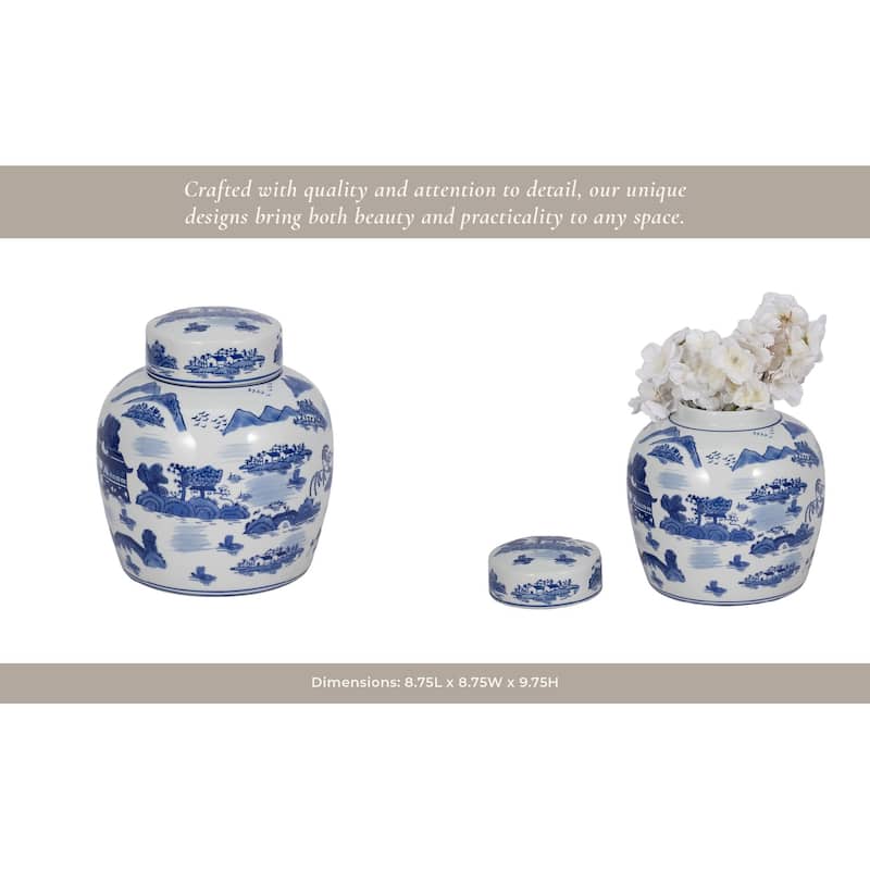 Sagebrook Home Stoneware Ceramic Chinoiserie Decorative Container with Lid