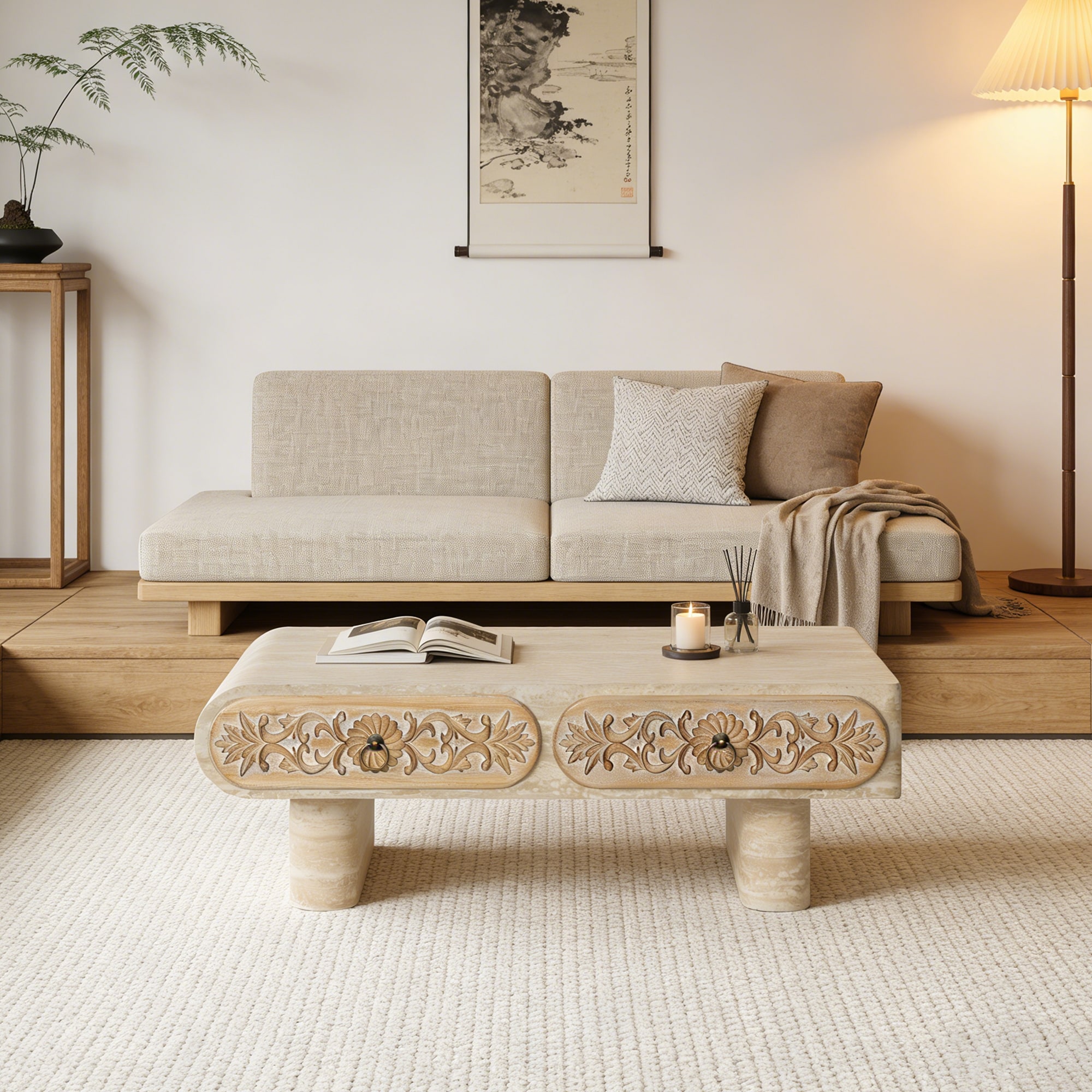 Coffee Table Center Table Sofa Table with Flower Pattern, Unique Side Table Accent Table with Drawers