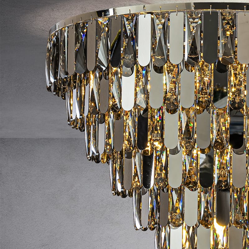 CraftHome Dimmable Smoked Crystal Flush Mount Ceiling Light Chandelier with Polished Nickel Finish and Stainless Steel Accents