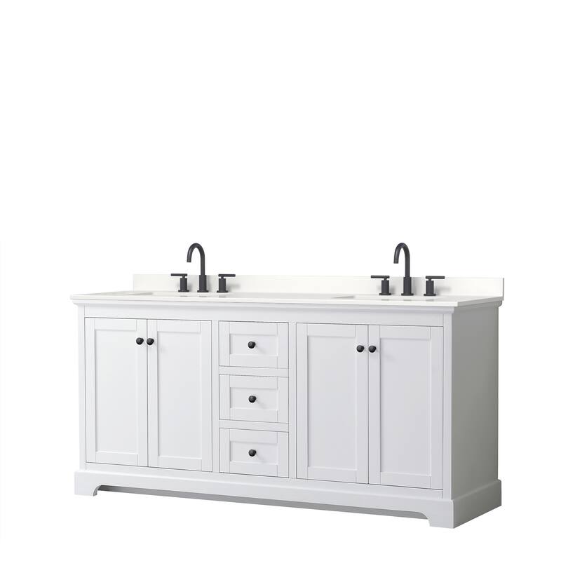 Avery 72-inch Double Vanity, Quartz Top - White, Black Trim, White Quartz Top