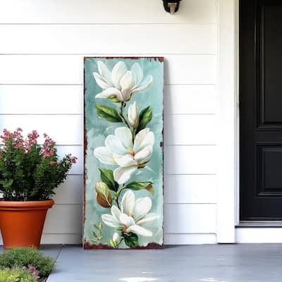 HomeRoots 36" Blue Green And White Solid Wood Magnolia Porch Sign