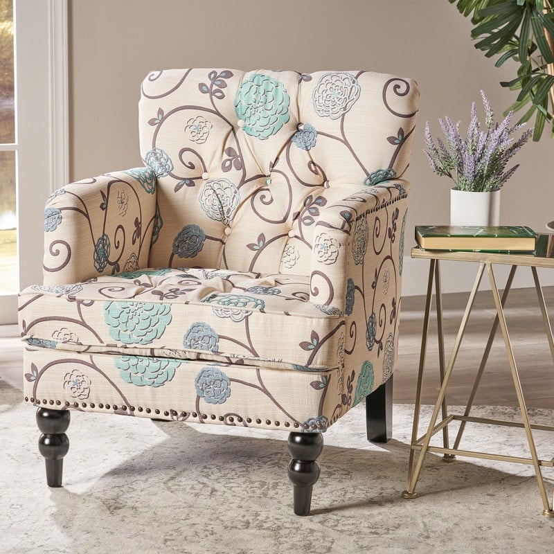 Contemporary Tufted Club Chair-Button-Tufted Diamond Stitch, Nailhead Trim&Birch Wood Legs - White+Blue