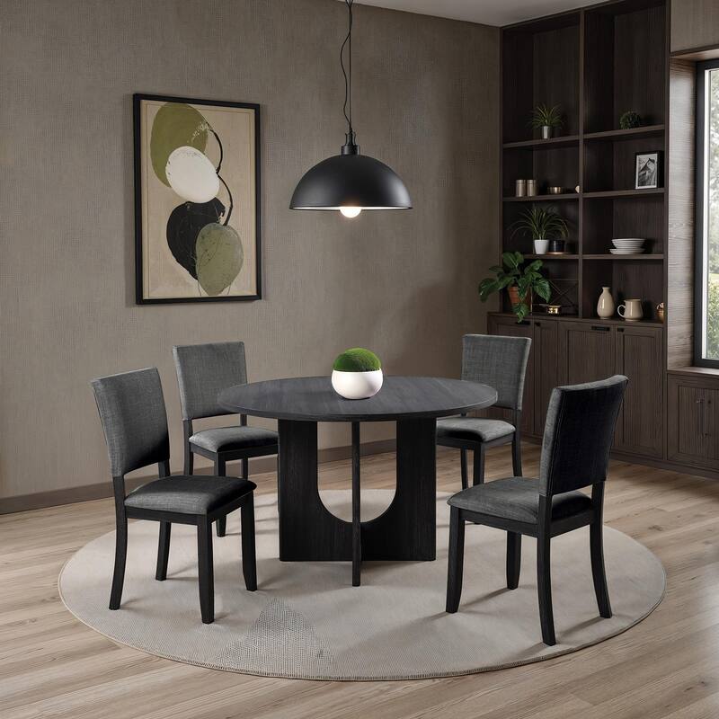 5pc Dining Set Kitchen Dinette Upholstered Fabric Chairs Round Table Pedestal Base Table 4x Side Chairs Dining Room