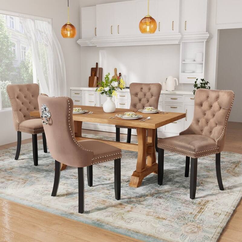 Tufted Naliheads Solid Wood Upholstered Dining Chairs (Set of 4) - Khaki RubberWoodLegs