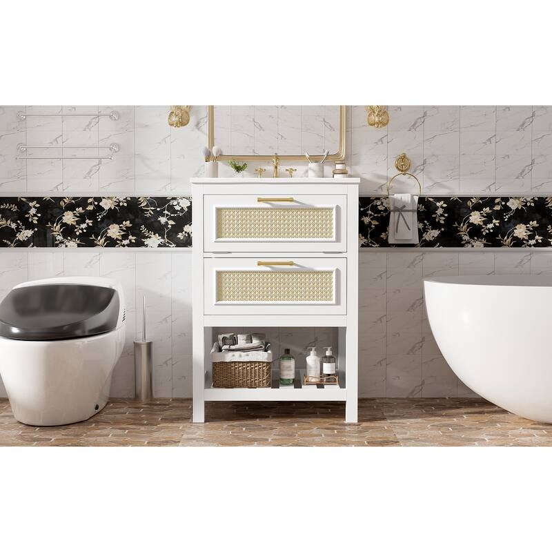24"Bathroom Vanity with Integrated Ceramic Sink,Bathroom Cabinet with 1 Deep Drawer,1 Tip-Out Drawer,Single Sink Bathroom Vanity