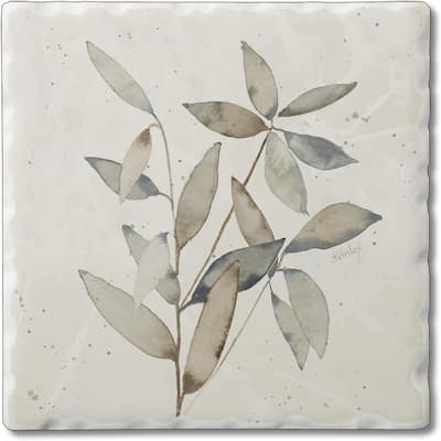 Absorbent Stone Tumbled Tile Coasters, Neutral Botanicals II, Set of 4