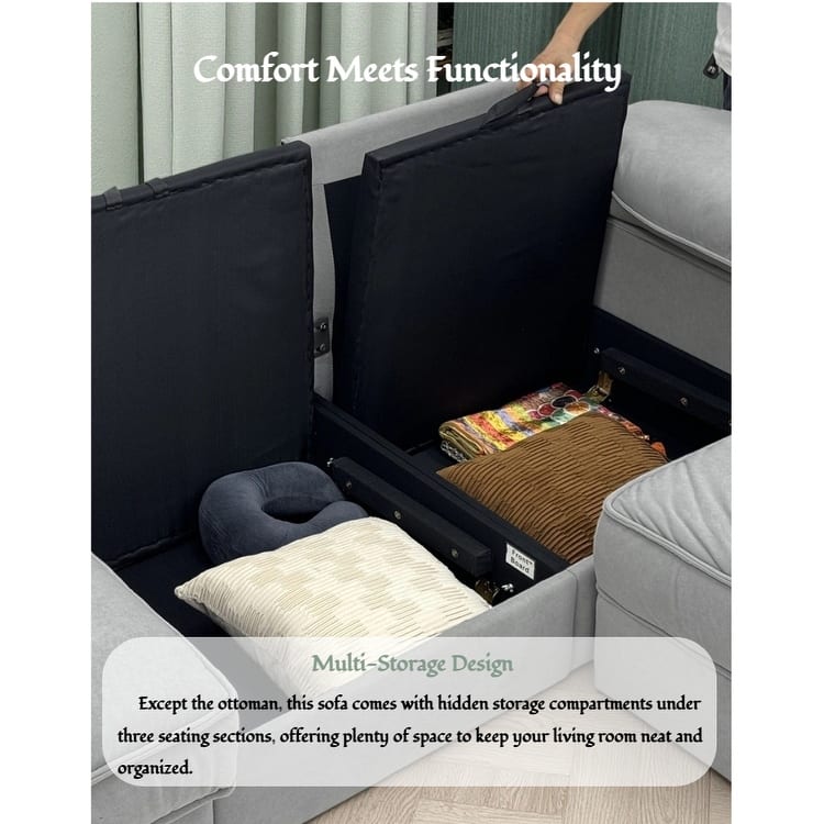 Upholstered L-Shaped Sectional Sofa Couch with Ottoman, Modern Fabric Deep Seat Sofa