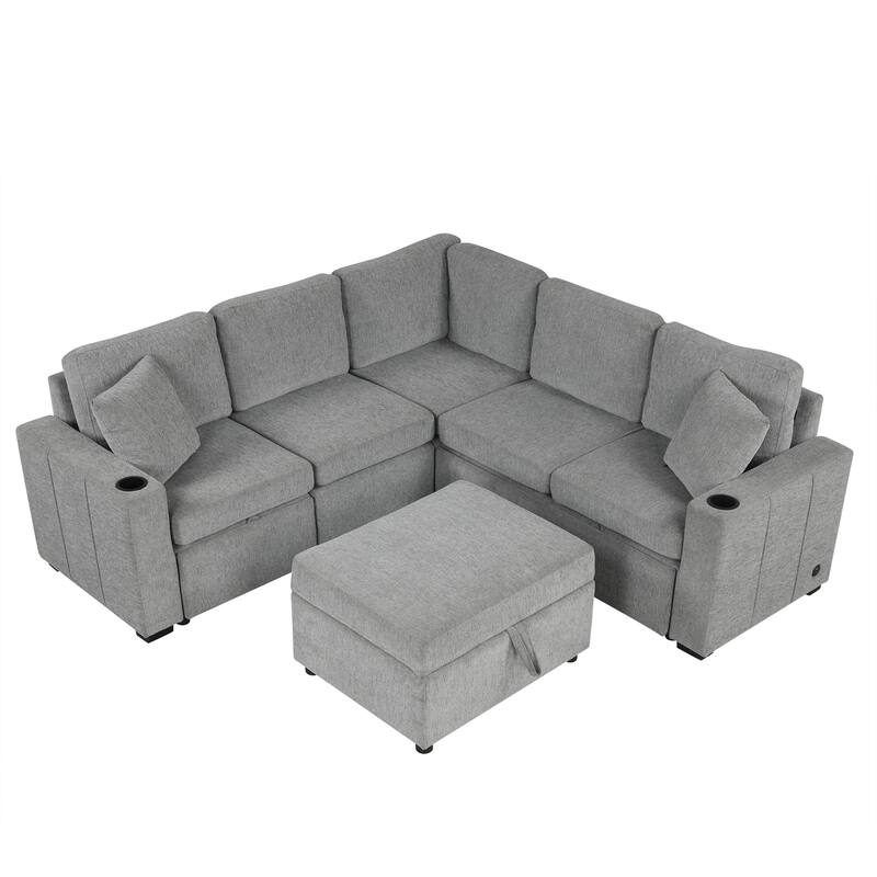 Sleeper Sectional Sofa L Shaped Pullout Lounge Sofa Bed w/ Storage Ottoman