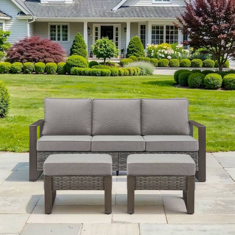 Pocassy Outdoor Sofa, Swivel Chair, Patio Chair Ottoman Set - 3 Pieces - Grey Wicker Gray Cushion