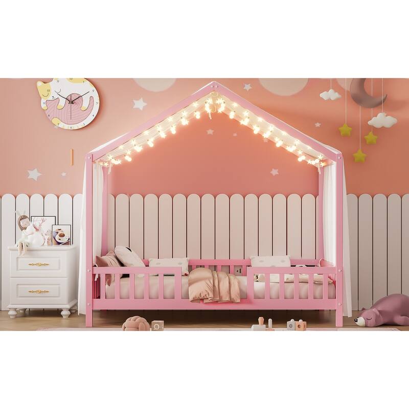 House-Shaped Twin Bed with Canopy and Railings for Kids, Pink Wooden Toddler Bed Frame