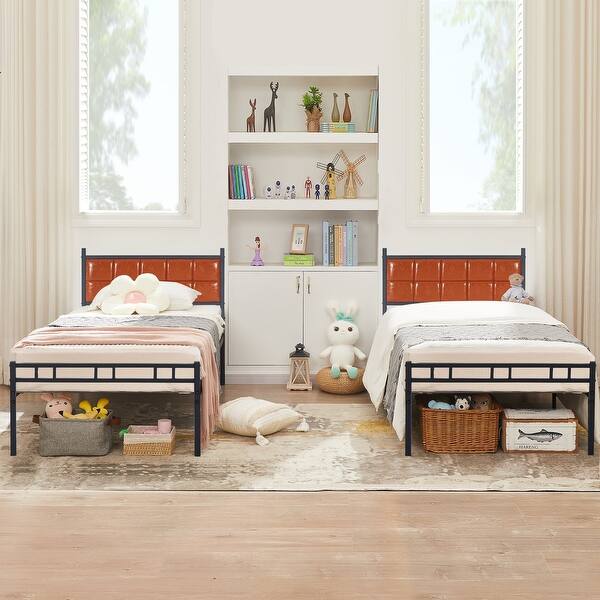 slide 2 of 8, VECELO Faux Leather Tufted Kids Bed,Twin Size Bed Set of 2