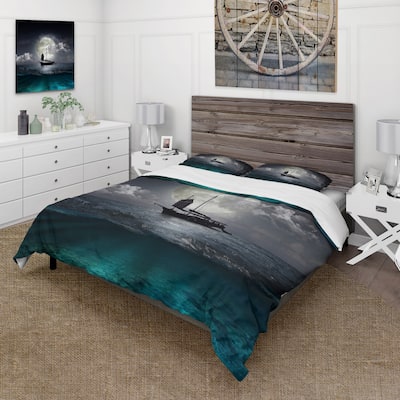 Designart 'Fisher Boat On The Lake During Full Moon' Nautical & Coastal Duvet Cover Set