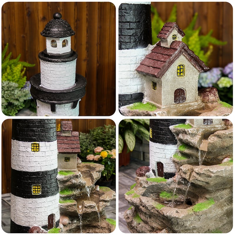 3-Tier Lighthouse Floor Waterfall Fountain with LED Lights for Outdoor Decor