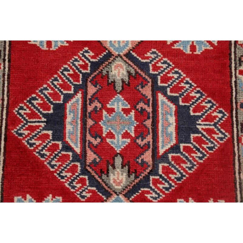 Geometric Kazak Oriental Runner Rug Hand-Knotted Red Wool Carpet - 2'8" x 9'7"