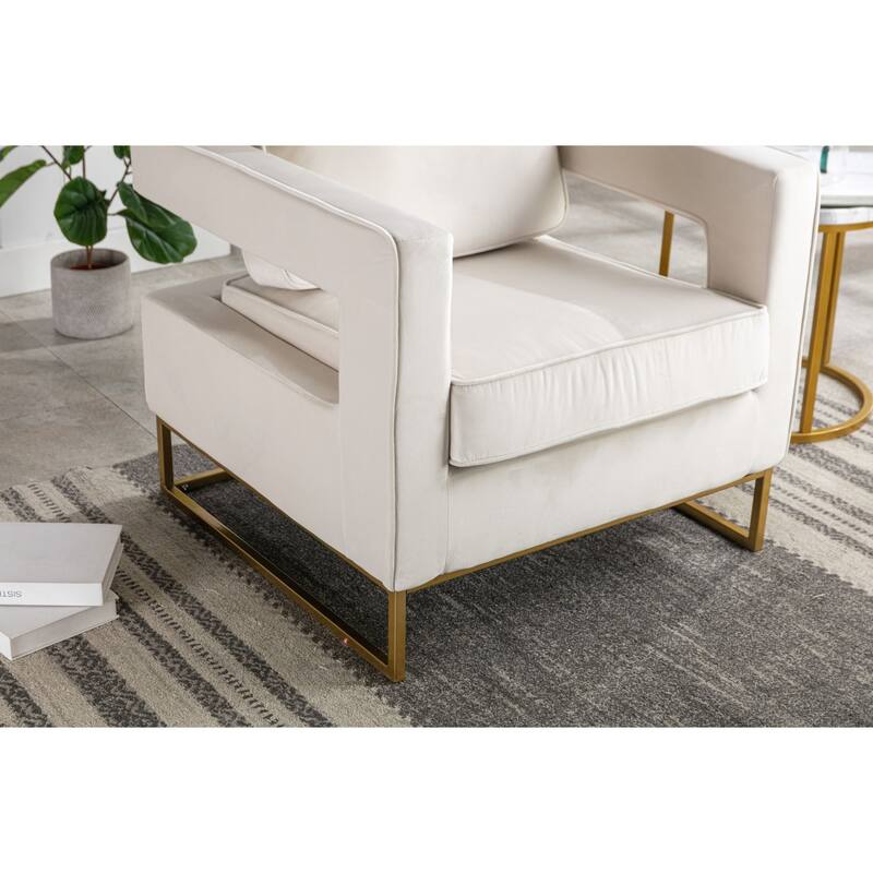 Upholstered Velvet Armchair with Squared Edges - 35.5" - Cream