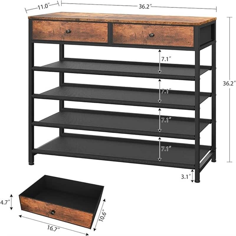 5 Tier Shoe Storage Organizer with 2 Drawers - 36.2"D x 11"W x 36.2"H