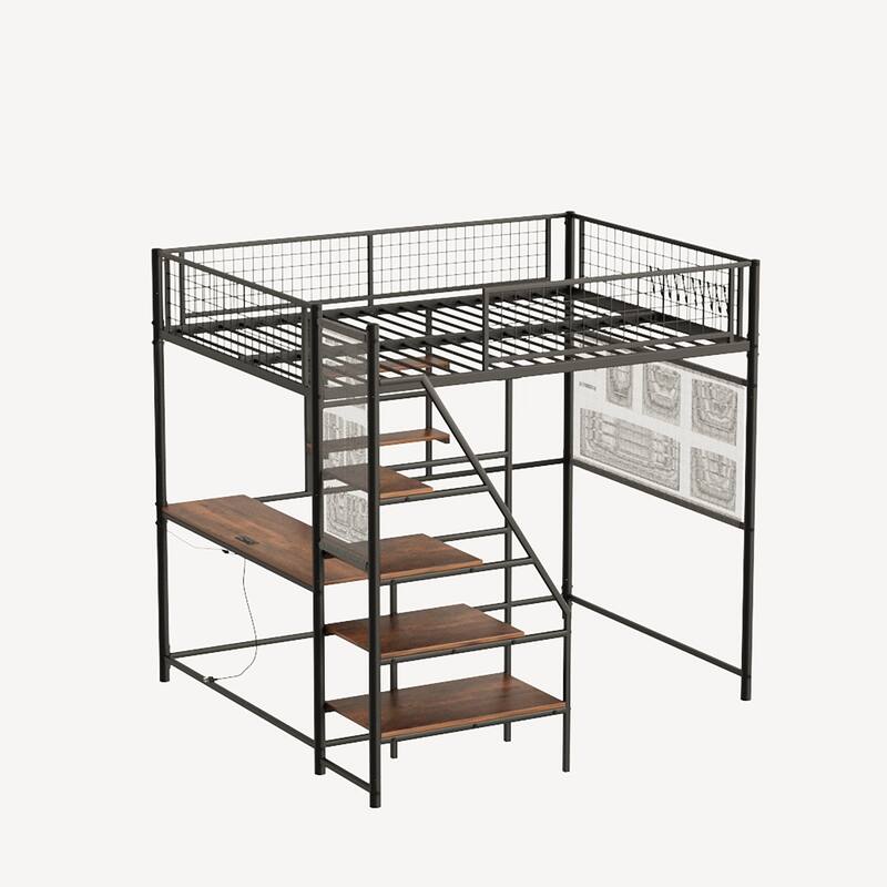 Loft Metal Bed with Built-in Desk, Charging Station and LED Lighting