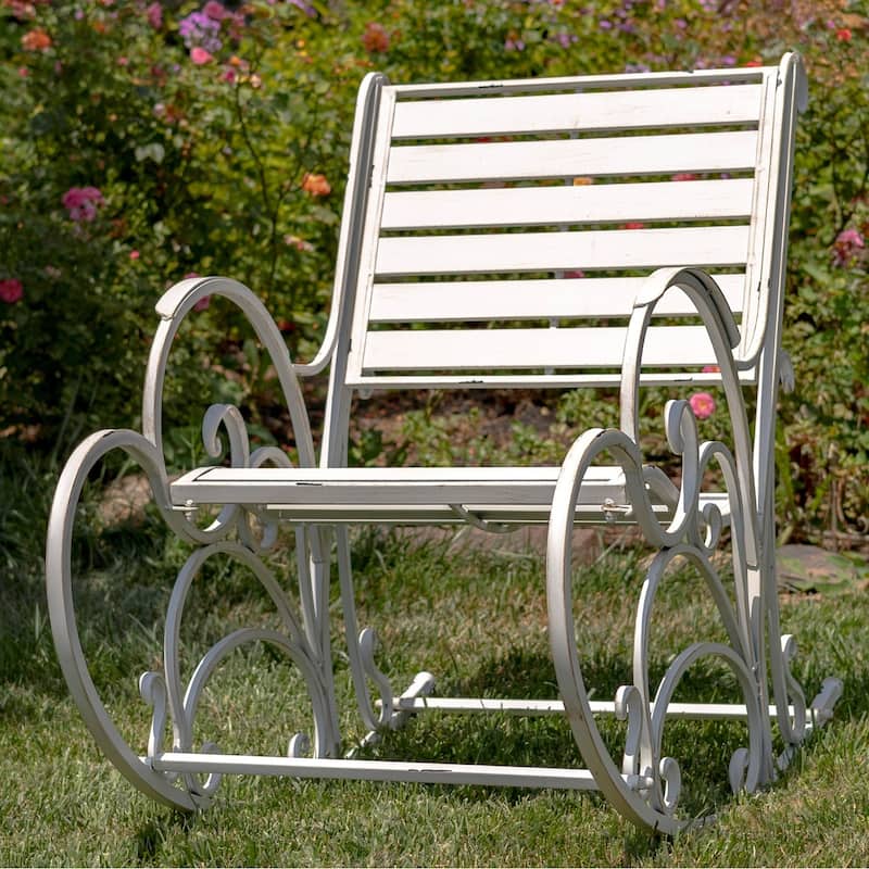 "Monte Carlo 1968" Iron Rocking Arm Chair in Antique White - 24.5" L x 42" W x 36.5" H - 24.5" L x 42" W x 36.5" H - Antique White