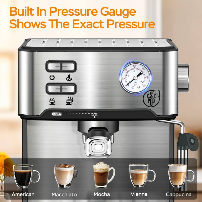 20 Bar Espresso Machine with Milk Frother, Stainless Steel Coffee Maker, Single Double Shot, ESE Pod Compatible