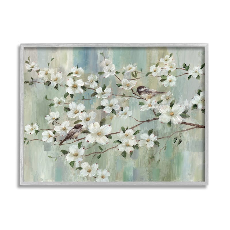 Stupell Delicate Cherry Blossom Flowers Perched Birds Classic Painting Framed Wall Art, Design by Nan - 30 x 24 - Grey