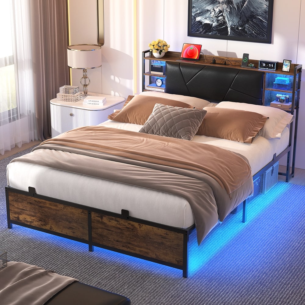 Bed Frame with Upholstered Storage Headboard,Matel Platform Bed with Charging Station and RGB LED Lights,Easy Assembly