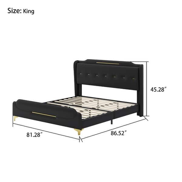 dimension image slide 3 of 6, Modern PU Leather Upholstered Platform Bed - No Box Spring Needed