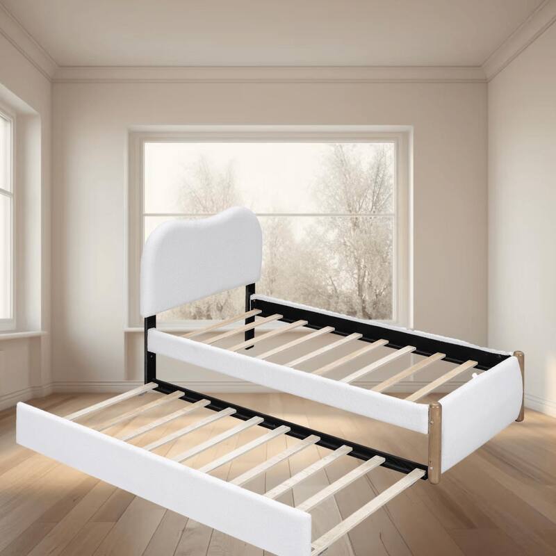 Twin Size Upholstered Platform Bed Frame with Trundle and Wood Supporting Feet, No Box Spring Needed, Bedroom Furniture