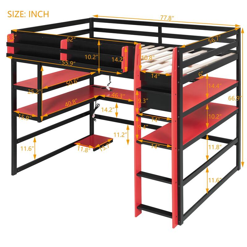 Loft Bed with Wraparound Study Hub, Side Storage Rack, USB Charging & RGB Light by Harper&Bright Designs