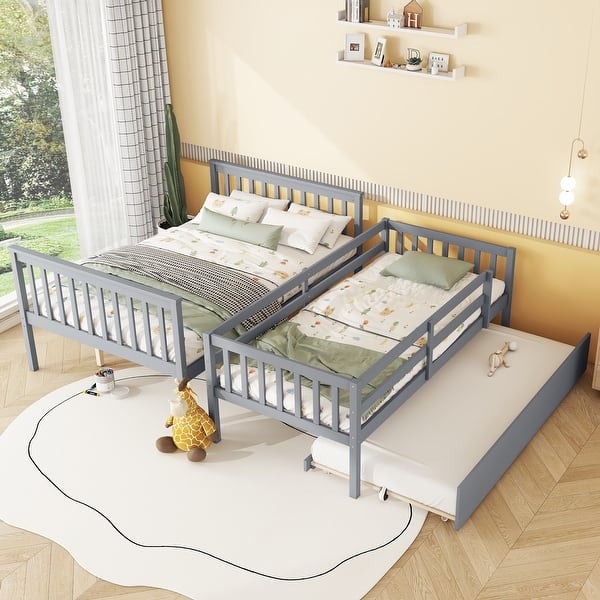 slide 2 of 36, Twin Over Full Rubber Wood Convertible Bunk Bed with Trundle,Ladder and Guardrail Grey