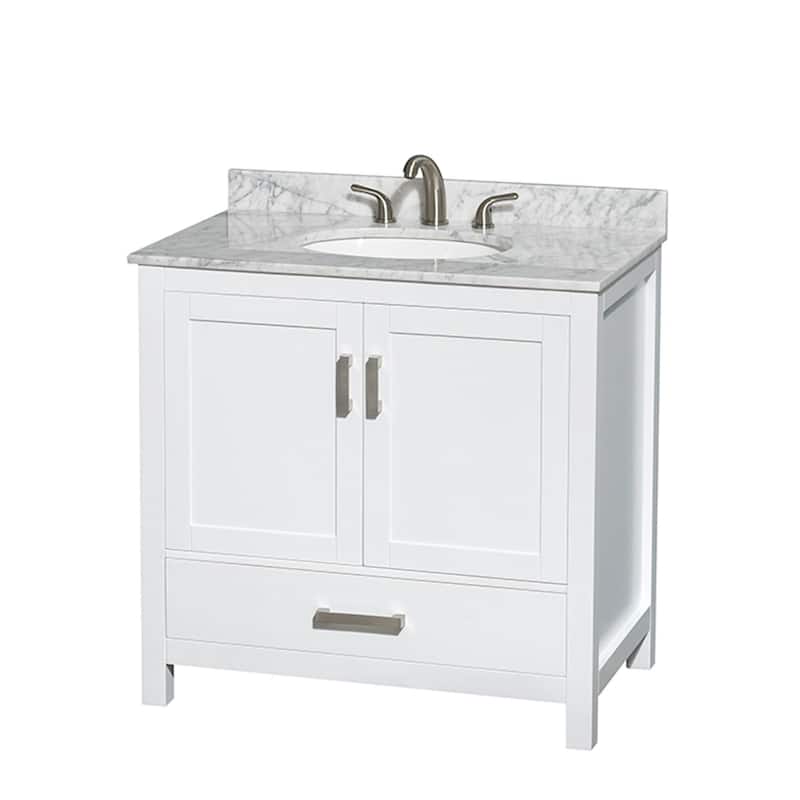 Wyndham Collection Sheffield 36" Freestanding Vanity Set with Hardwood - White / White Carrara Marble Top / Brushed Chrome - Painted