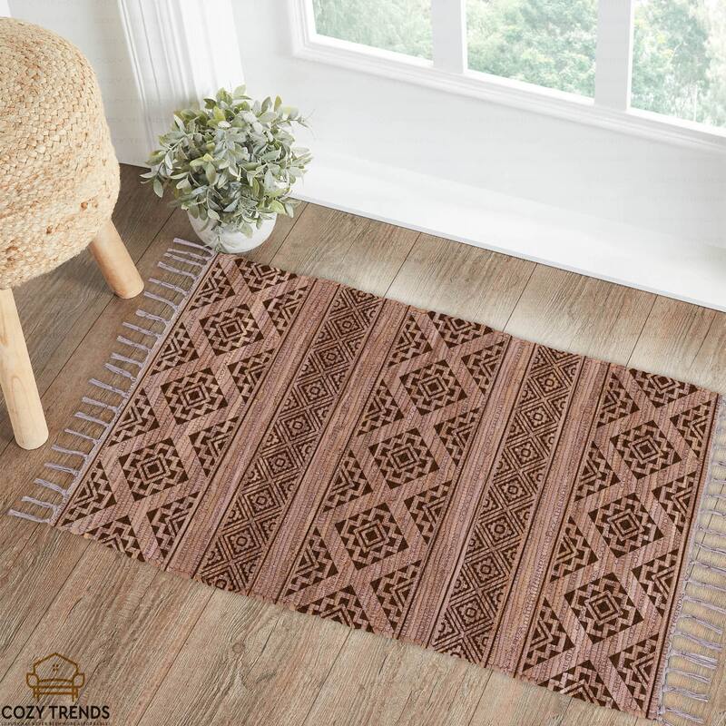 Authentic Hand-Woven Indian Cotton Rug 24''x36'' - Washable, Reversible, and Timelessly Stylish - 2'x3' - Ikat Brown