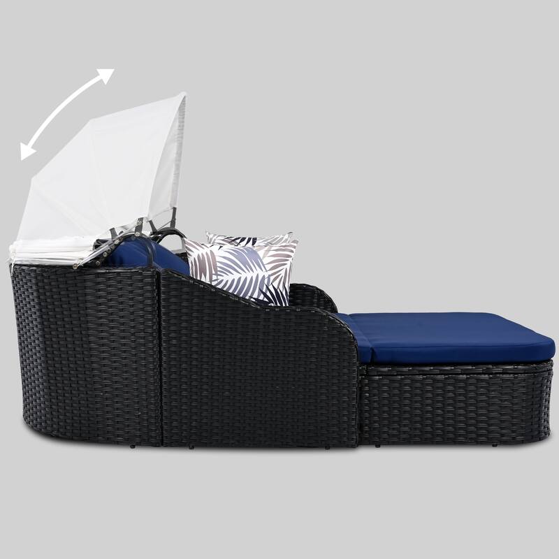 79.9" Outdoor Patio Sunbed, 2 Seater Lounge Chaise with Adjustable Canopy, All Weather PE Rattan Daybed with Removable Cushions