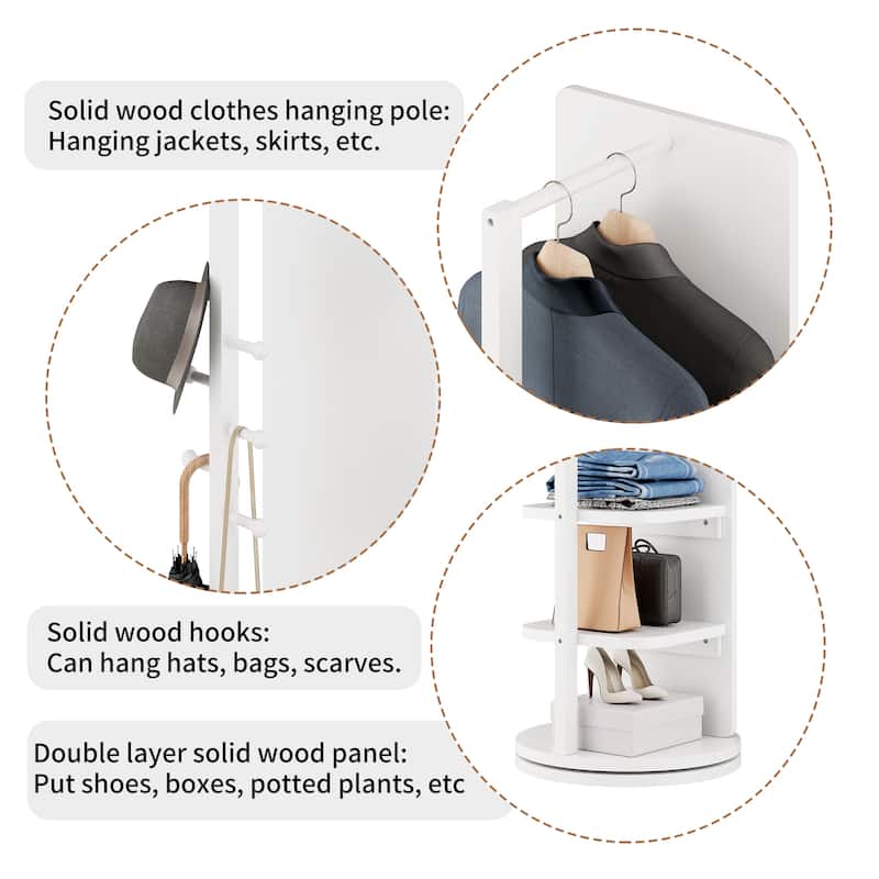 360° Rotating 66"x14" Multifunctional Full Length Mirror with Hook Storage Rack Coat Rack with Mirror Solid Wood Floor Mirror