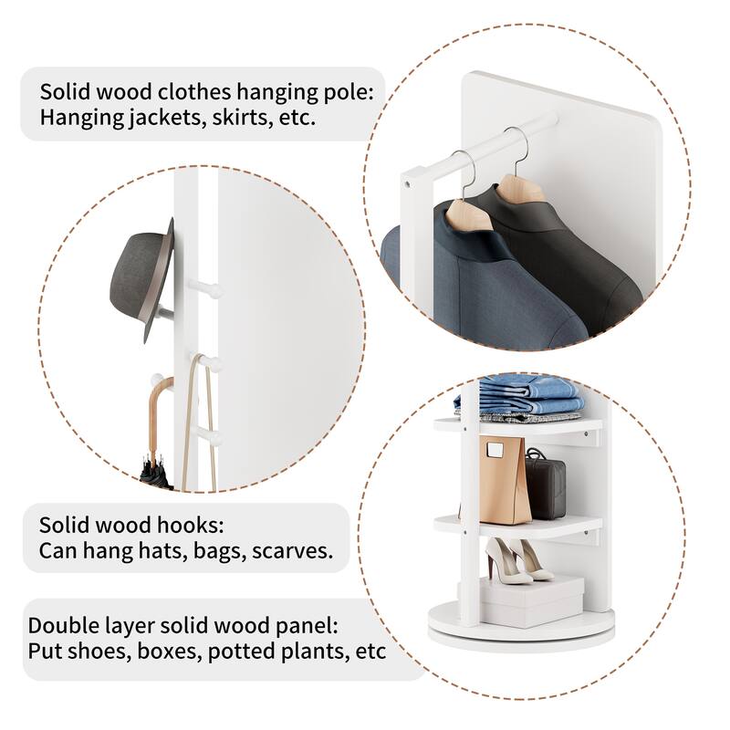 360° Rotating 69"x16" Multifunctional Full Length Mirror with Hook Storage Rack Coat Rack with Mirror Solid Wood Floor Mirror