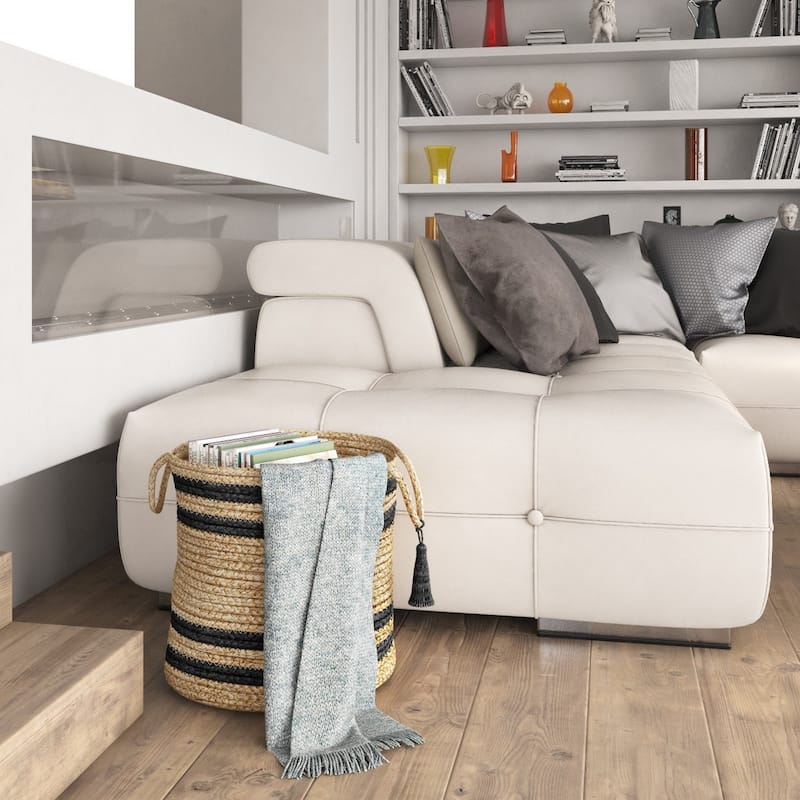 Sevita Double Striped Jute Hand-Stitched Storage Basket with Handles - 19" x 19" x 19" - Tan/Black
