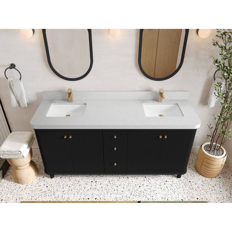 Willow Collections 72 in. W x 22 in. D Reeded Miami Double Bowl Sink Bathroom Vanity with Countertop - 2”Carrara Quartz - Black