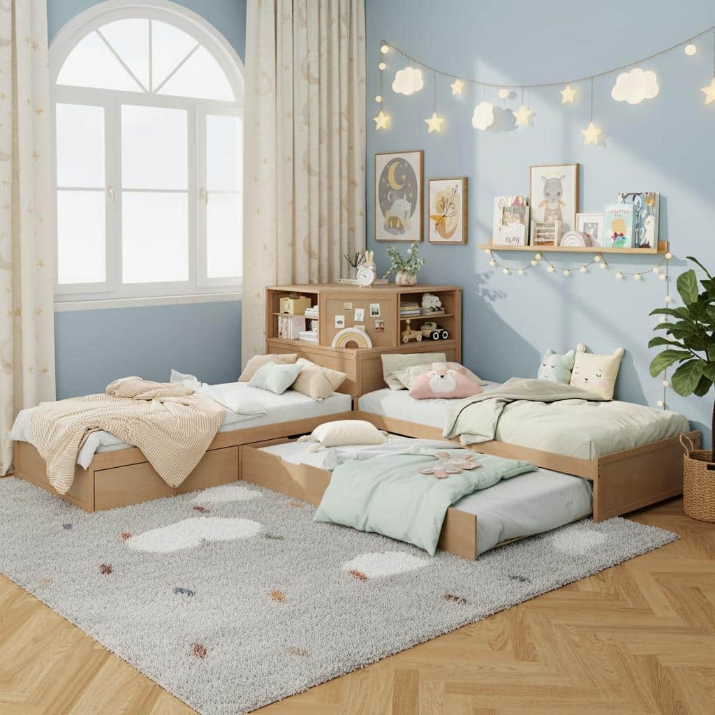 3-in-1 L-Shaped Twin Platform Bed with Trundle, LED-Lit Storage Hub & Built-In Corner Desk by Harper&Bright Designs