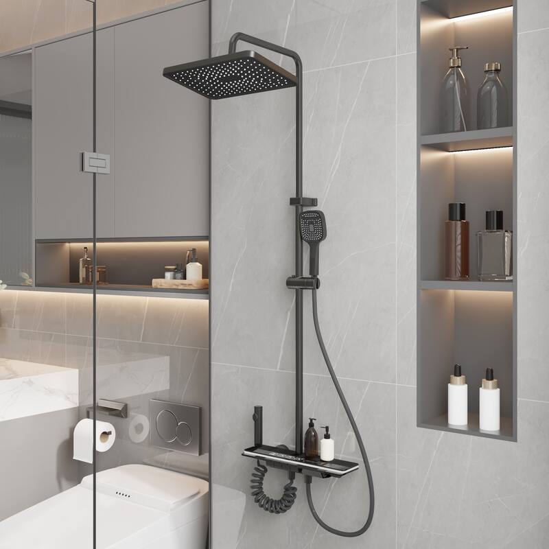 4-In-1 Rainfall Shower System with LED Temperature Display, Gunmetal Gray Shower Faucet Set with Handheld Shower, Spray Gun