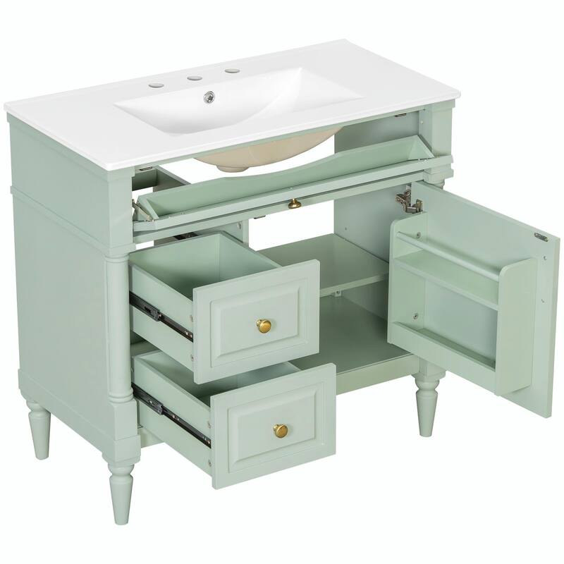 36" Bathroom Vanity with Sink, Freestanding Bathroom Cabinet with Ceramic Basin, Flip Drawer