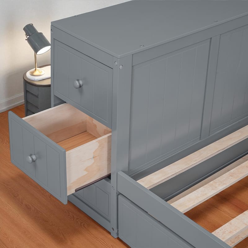 Twin Size Daybed with Storage Arms, Trundle and Charging Station, Solid Wood Frame with Drawers and USB Ports
