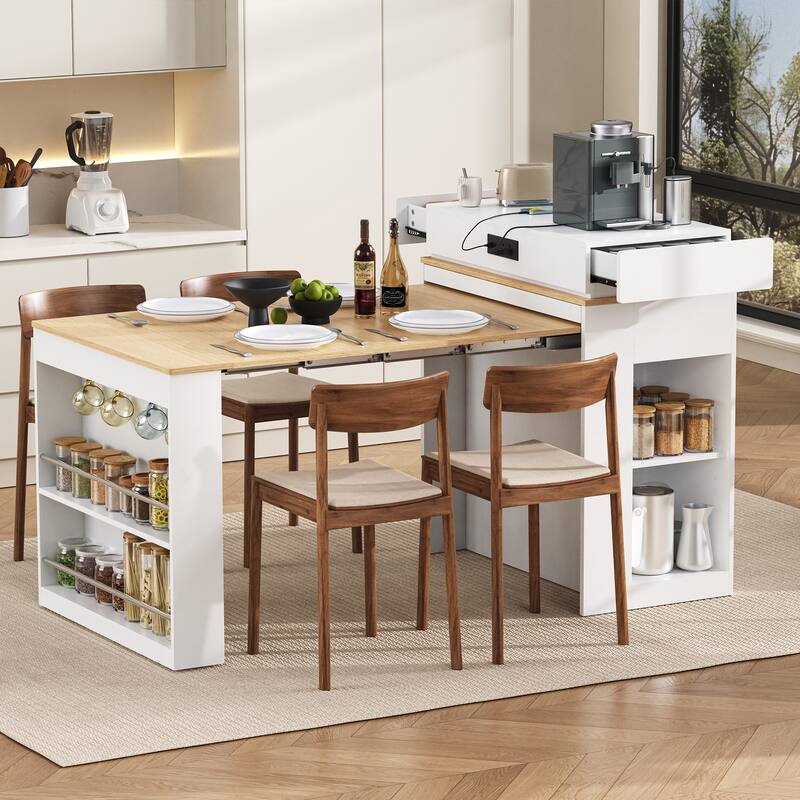 Extendable Kitchen Island Dining Table with Power Outlet, Rolling Sideboard with Folding Tabletop & Drawers
