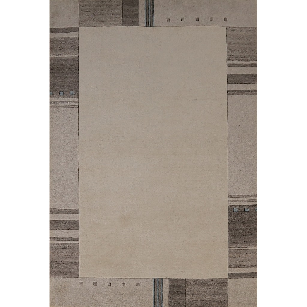 Solid Beige Bordered Gabbeh Indian Area Rug Handmade Wool Carpet - 5'3" x 7'7"